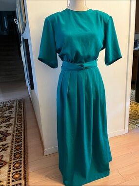 Vintage 80s Teal Green Blouse Skirt Set Size 12